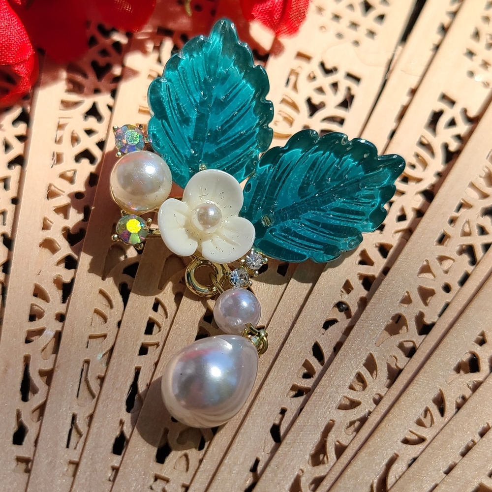 Antique Teal and Pearl Floral Brooch - Picture 1 of 7